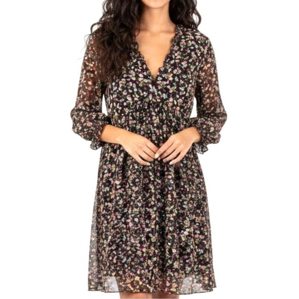 ZARA‎ Whimsigoth Black Floral Mini Babydoll Dress V-Neck Puff Sleeve Short Flowy